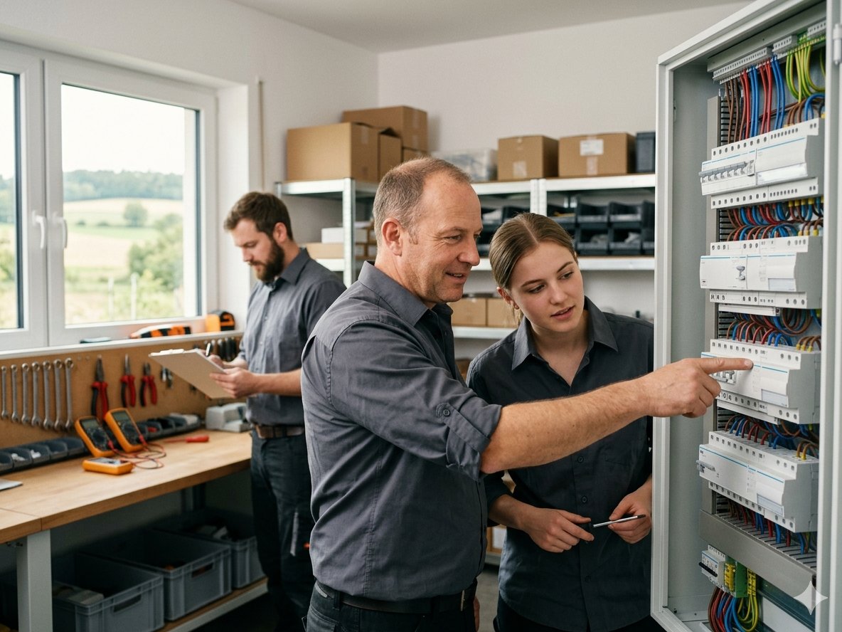 Meister und Auszubildende am KNX-Schaltschrank in unserer Werkstatt