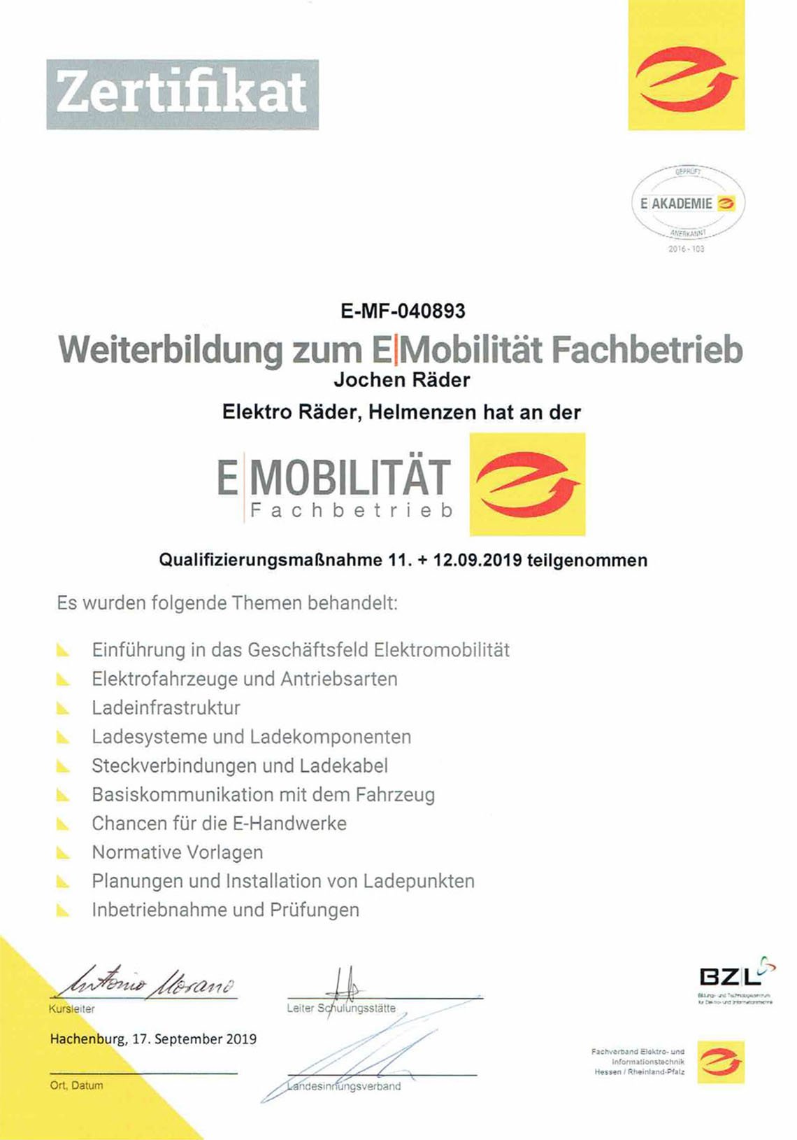 Zertifikat E-Mobilität